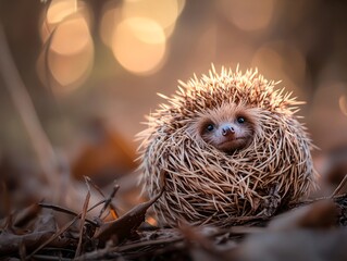 Curled up hedgehog in nature animal photography forest environment close-up view cute and spiky concept