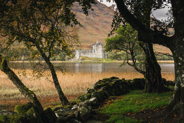 Rolling hills and grazing sheep frame Kilchurn Castle, its ancient ruins reflecting in Loch Awe. A...