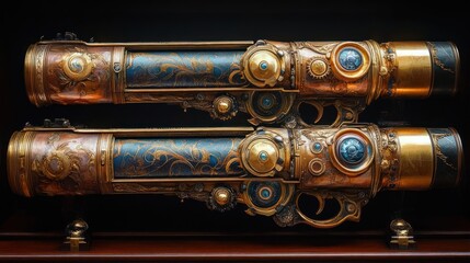Naklejka premium Ornate, steampunk-style twin guns. Detailed brass and copper craftsmanship