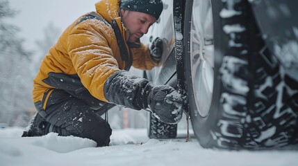A man in a yellow jacket adjusts a snowy tire, showcasing his determination in a wintery landscape.