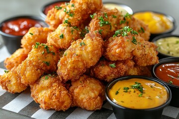 Fototapeta premium Delicious Golden Fried Snacks with Variety of Dipping Sauces on a Platter