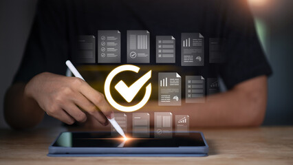 Accountant showing office document auditing concept ,plan review process and assess correctness...