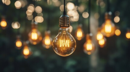 A glowing lightbulb shines among turned-off bulbs, symbolizing creative problem-solving and outstanding vision.