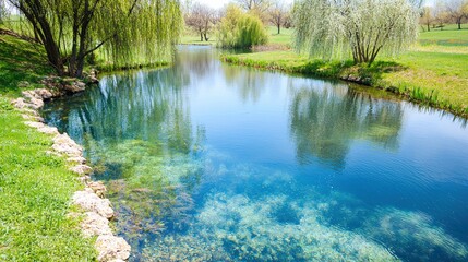 A clear blue pond surrounded by willow trees with soft green leaves, ideal for showcasing spring fashion with ,