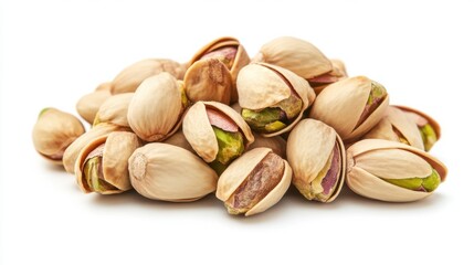 A collection of pistachios lies on a clean white surface, highlighting their unique tan shells and vibrant green interiors. Lighting enhances their natural textures and colors