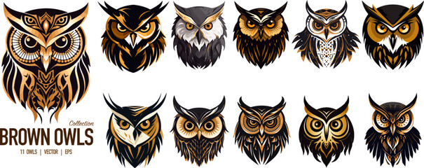Vector logo template set of Owl birds. Illustration of owl with brown undertone. 11 brown, golden owls collection