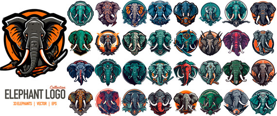Elephant mascot logo template set. Vector elephant with modern illustration concept style for badge, emblem and tshirt printing. 33 Elephant Logo collection
