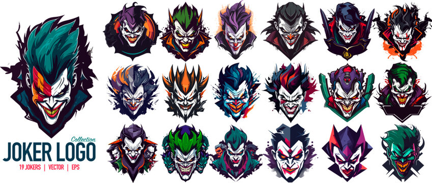 Joker logo template set. Clown E-Sport vector mascot. Logo design with modern illustration concept style for badge. Smile clown illustration for sport and esport team. 19 Joker logo collection.