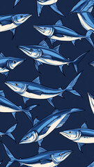 Obraz premium Bold illustrated phone wallpaper featuring a repeating pattern of blue swordfish on dark navy.
