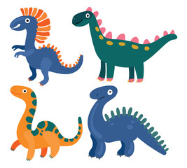Set of friendly cartoon dinosaurs with bright colors, smiling faces, and playful postures ideal for kids’ prehistoric themes and fun illustrations.