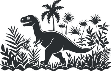 Obraz premium Silhouette of a dinosaur amidst tropical plants and trees in a prehistoric jungle setting.