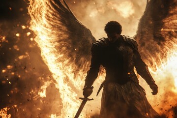 Silhouette of an armored warrior with massive flaming wings, wielding a sword against a fiery background, symbolizing epic battles and mythology
