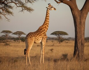 Obraz premium A giraffe stands in a field of tall grass next to a tree