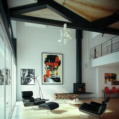 A stylish modern loft apartment showcases a Jida89 inspired interior design with exposed beams, white brick walls, and mid-century modern furniture creating a sophisticated and