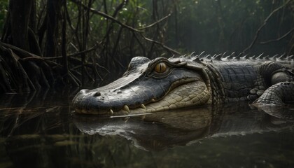 Obraz premium A crocodile is swimming in a pond