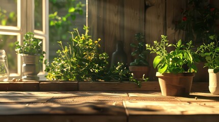 A wooden table adorned with fresh herbs such as oregano, basil, and rosemary, with natural light casting soft shadows 
