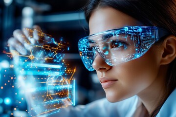 Fototapeta premium A young scientist in an advanced laboratory interacts with holographic molecular structures. Generative AI