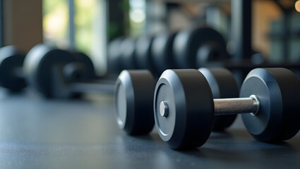 Fototapeta premium fitness and workout concept with dumbbells on the floor, gym and training equipments background