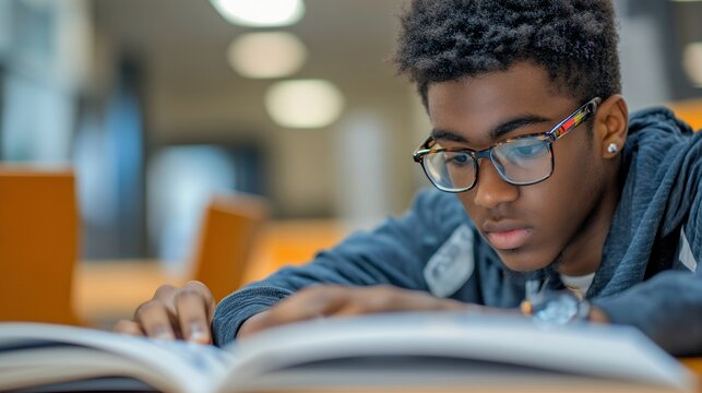 A young man intensely reads a textbook in a modern library setting, reflecting commitment to learning