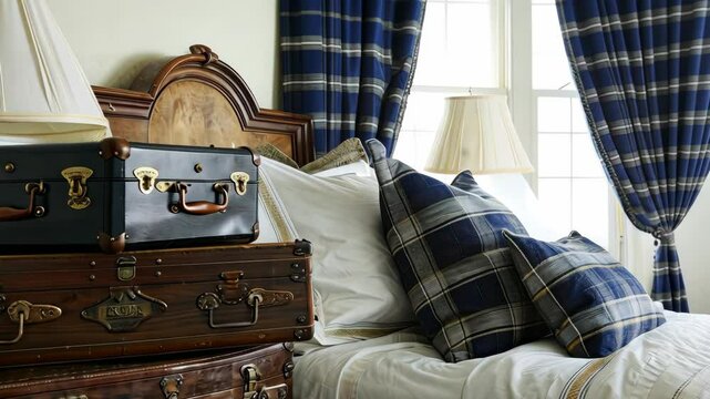 Vintage suitcases stacked beside a neatly made bed create a warm and inviting atmosphere with soft textures and natural light