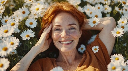 Joyful Woman Relaxing Among White Daisies in Nature