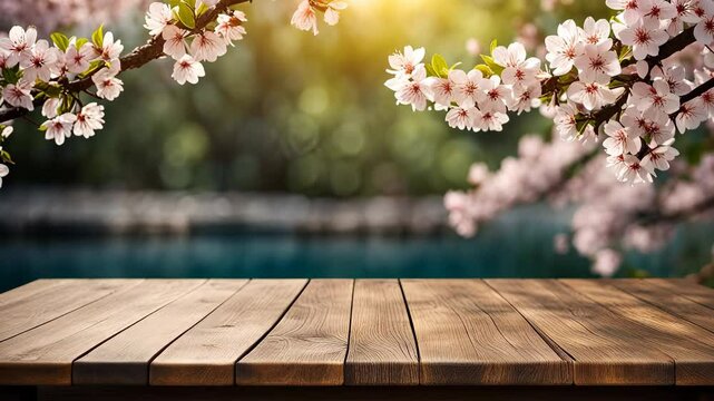 closeup Empty wooden board with blurred blooming sakura tree on background at spring, mockup with copy space for product display