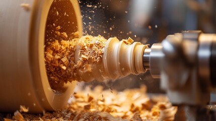 Woodturning craft demonstration in workshop turning wood on lathe shavings fly in creative process
