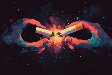 Two adult hands break a cigarette in half, symbolizing quitting smoking. Powerful image for anti smoking campaigns and National Day of Action against tobacco