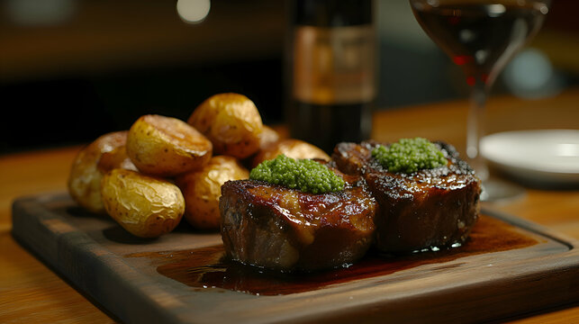 A high-end dining scene featuring sous vide lamb shanks, minted pea pure, and crispy roasted potatoes