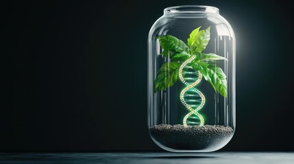 DNA plants and genetic innovation in biotechnology concept. A plant thrives inside a glass jar, showcasing growth and DNA.