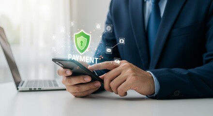 Secure mobile payment transaction shown with translucent interface on smartphone