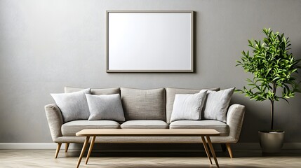 Elegant Living Room Interior with Grey Sofa, Wall Art and Potted Plant in Modern Home Setting