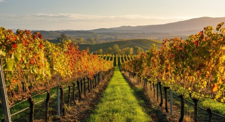 Naklejka premium Vineyard rows stretch toward the horizon during a golden sunset in the countryside