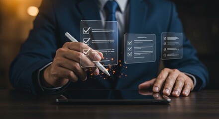 Innovative digital checklist interface, business professional using a stylus on a tablet