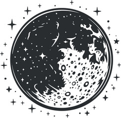 Black and white illustration of the moon with stars, showcasing a celestial night scene.