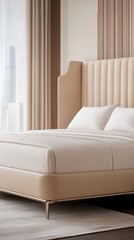 Elegant bedroom interior features a stylish beige bed with a tall headboard, showcasing modern design and city skyline views during daytime