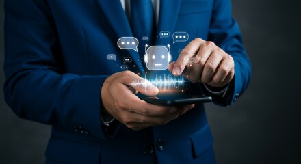 Businessman utilizes chatbot app on smartphone for efficient communication