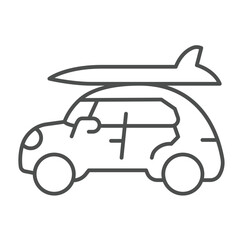 Retro car vehicle with surfboard thin line icon, tropical voyage concept. Vector graphics. Automobile for traveling at sea sign on white background, outline style icon for mobile or web design.