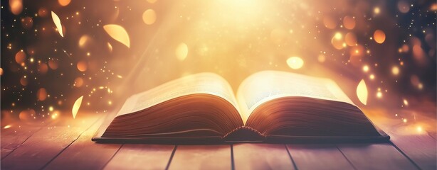Obraz premium Illuminated Text: An open book sits bathed in a luminous glow, surrounded by ethereal bokeh, inviting exploration and enlightenment, representing wisdom and knowledge.