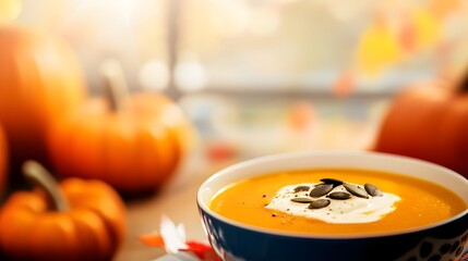 Naklejka premium Delicious Pumpkin Soup with Cream and Seeds Surrounded by Autumn Decorations in Soft Light