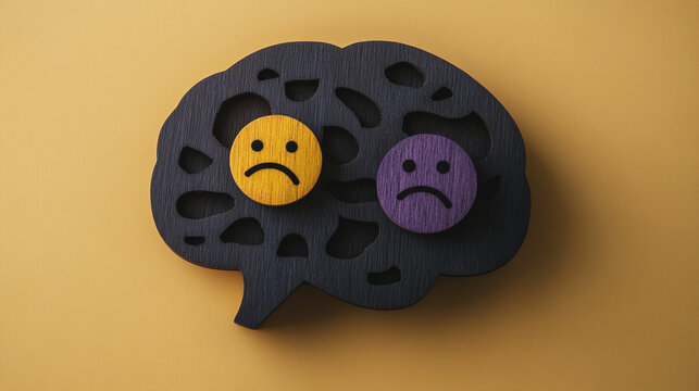 Black brain shape with yellow and purple sad faces, on mustard yellow background.  Illustrates negative emotions or mental health concept