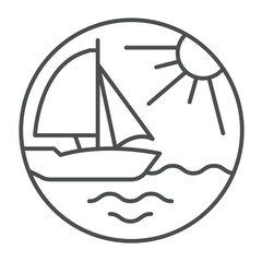 Yacht ship with sun at sea thin line icon, tropical voyage concept. Vector graphics. Sailboat traveling, water transport sign on white background, outline style icon for mobile or web design.