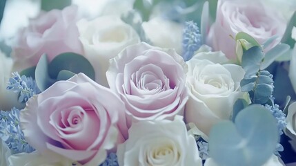 Obraz premium Pastel pink and white roses with eucalyptus leaves in a bouquet