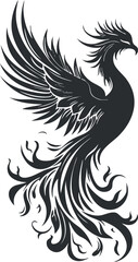 Fototapeta premium Black silhouette of a phoenix with outstretched wings and flowing tail, symbolizing rebirth.