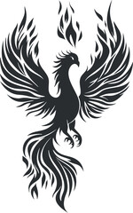Obraz premium Stylized black silhouette of a mythical phoenix rising with flames and outspread wings.