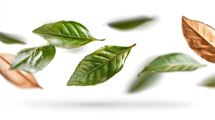 Obraz premium Floating Green and Brown Leaves Captured Against a Soft White Background in Natural Light