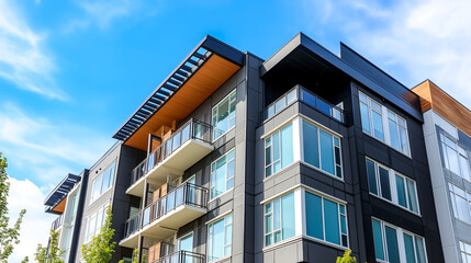 Obraz premium Modern commercial real estate building with striking design and large windows