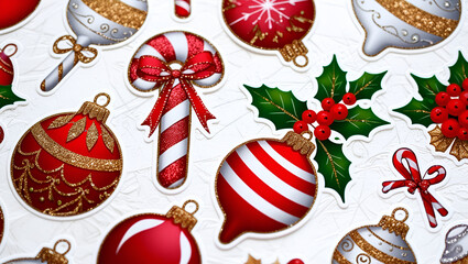 A charming assortment of festive Christmas stickers showcasing ornaments, candy canes, and holly, great for creative holiday projects.