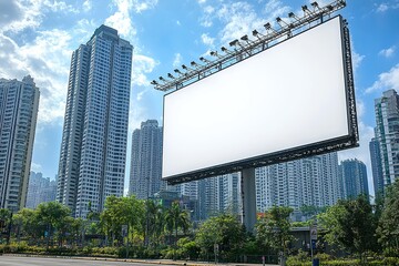 Blank billboard under bright daylight against a blue sky, featuring a large white screen perfect for advertising messages. The modern building in the background enhances the urban setting, 