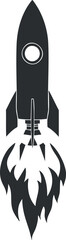 Black and white silhouette of a rocket launching with flames and smoke trail.